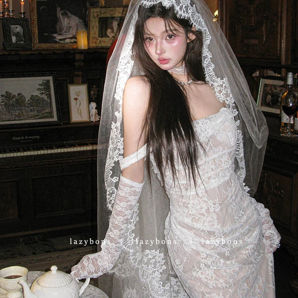 One-word shoulder dress femininity socialite birthday party light wedding dress fishbone waist lace hip-wrapped dress