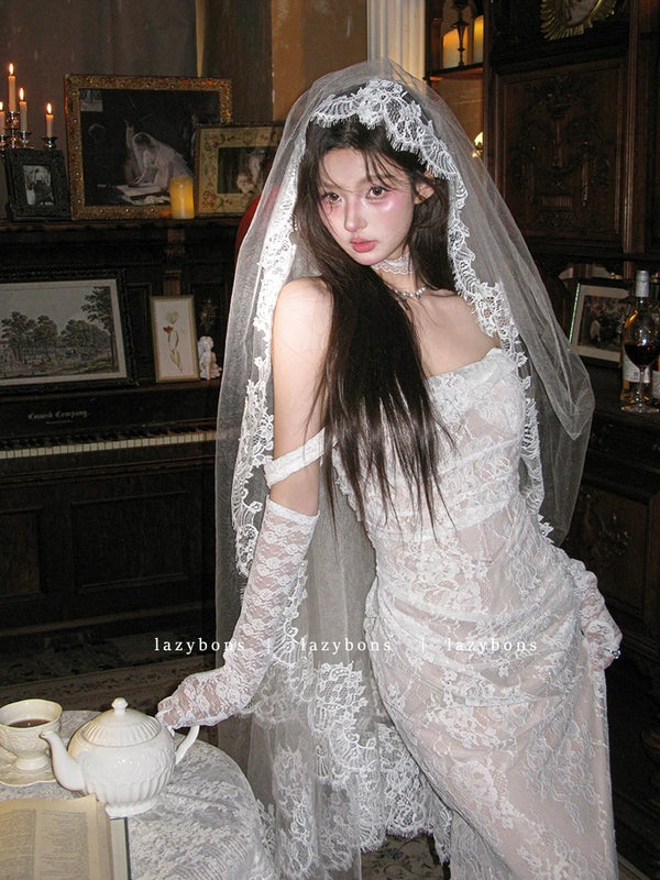 One-word shoulder dress femininity socialite birthday party light wedding dress fishbone waist lace hip-wrapped dress