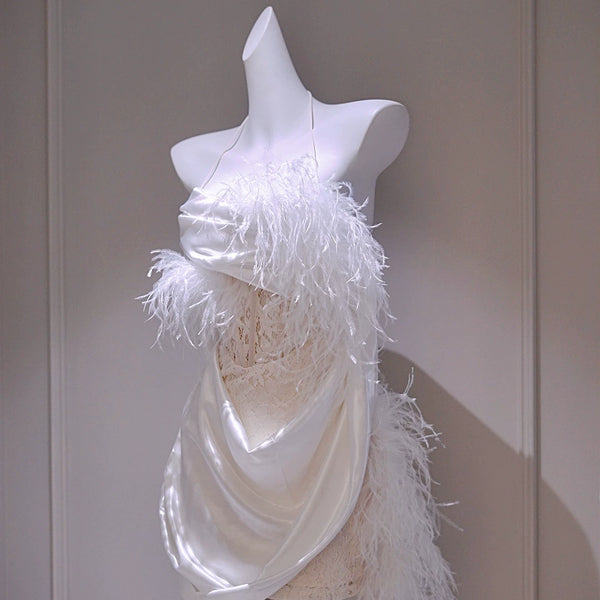 Ostrich hair acetic acid satin neck lace French fairy evening dress dress