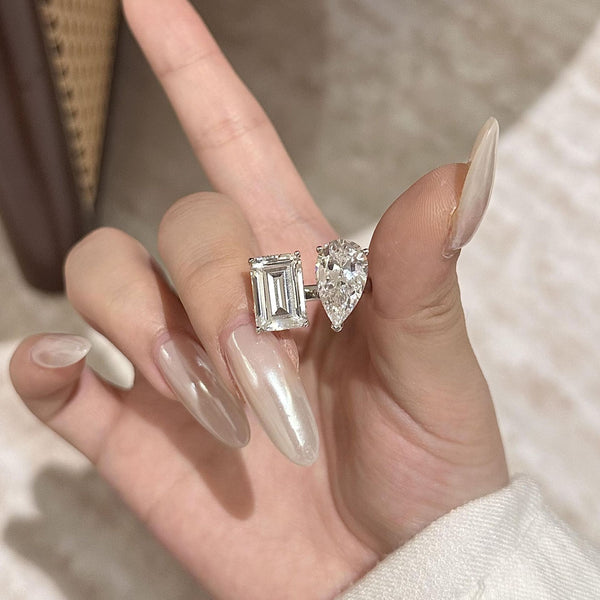 Twin stone pear shaped water droplet large sugar diamond ring with open mouth, niche design, light luxury European and American ring