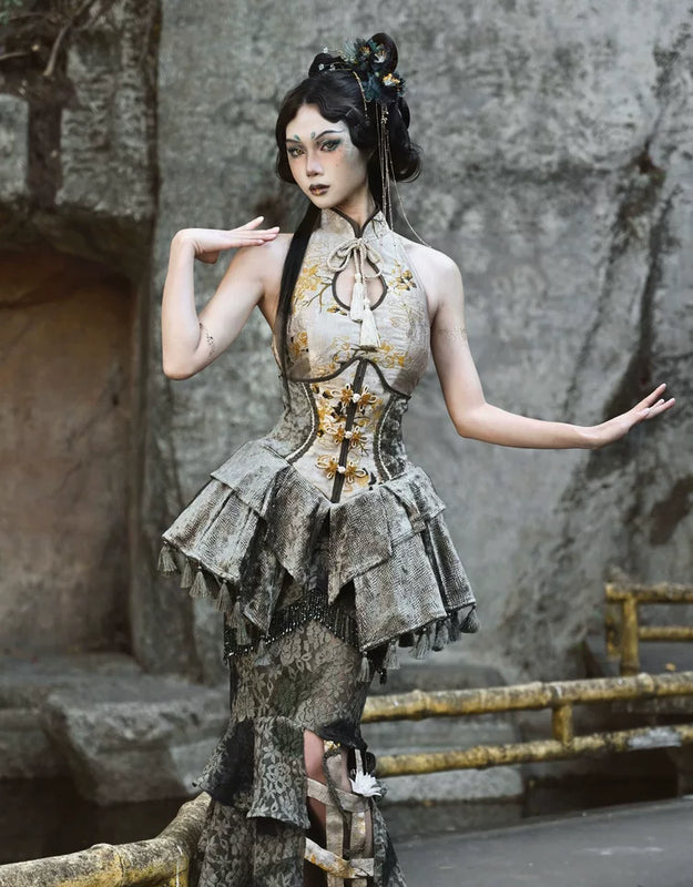 New chinoiserie button birdcage water drop collar cheongsam short tops christmas