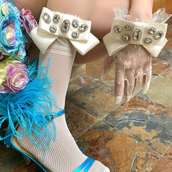 Fashion niche, girl court gorgeous texture glossy ribbon inlaid gemstone lace mesh tube socks