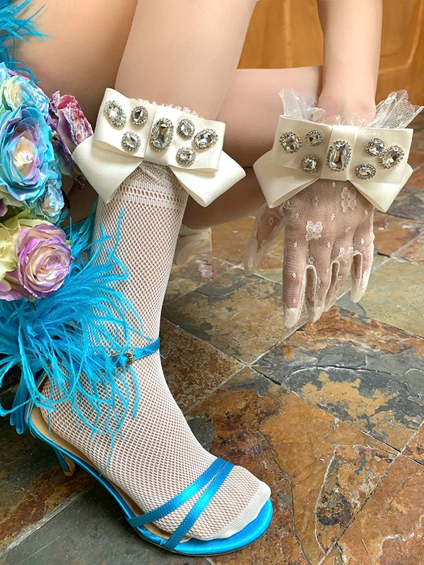 Fashion niche, girl court gorgeous texture glossy ribbon inlaid gemstone lace mesh tube socks