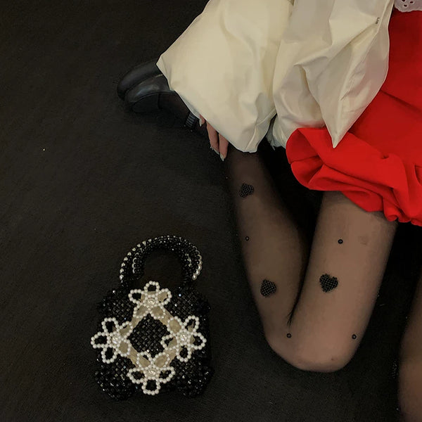 Fashion original niche design love pearl black silk one-piece socks sexy lolita college style stockings