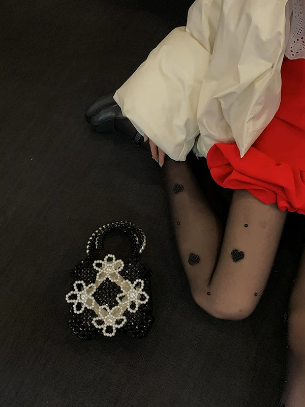 Fashion original niche design love pearl black silk one-piece socks sexy lolita college style stockings