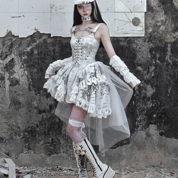 Insane asylum distressed suede subculture punk tail printing suspender skirt christmas suit