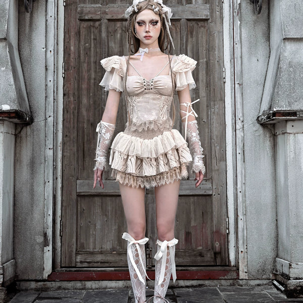 Original ◆ Broken ballet court flutter sleeve jacquard tie-up boned bodycon top - perfect for halloween & christmas