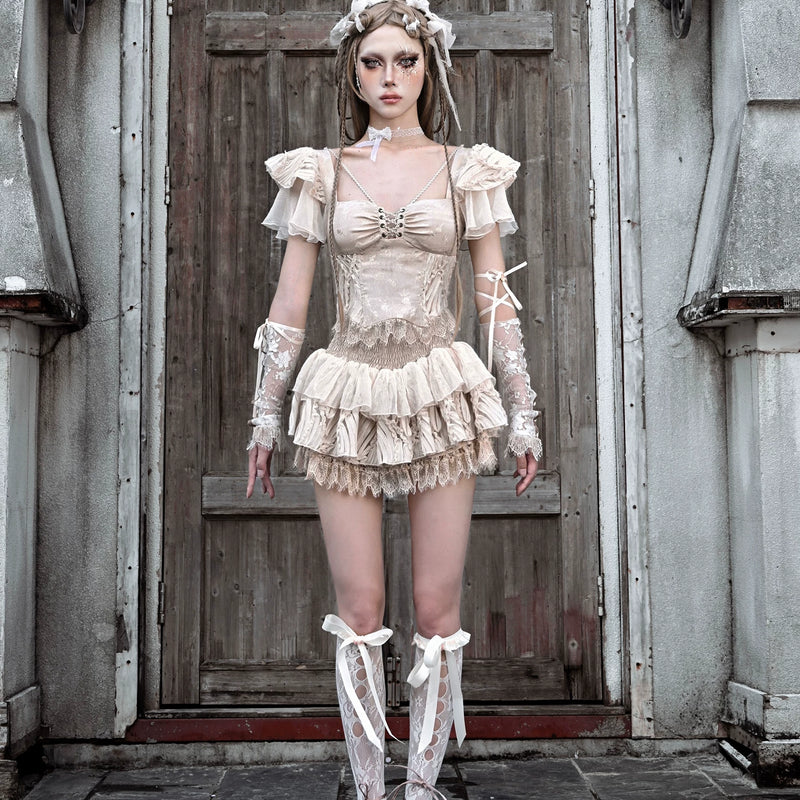 Original ◆ Broken ballet court flutter sleeve jacquard tie-up boned bodycon top - perfect for halloween & christmas