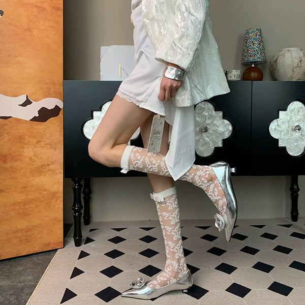 Don't rot in the past~ Summer French retro light luxury niche design women's bow print white calf socks