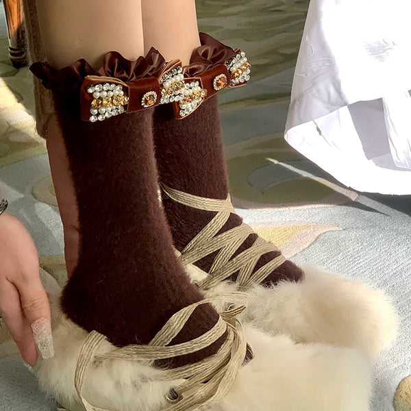 Fashion niche autumn and winter Merad ballet girl jennie bow tube socks fluffy pile socks