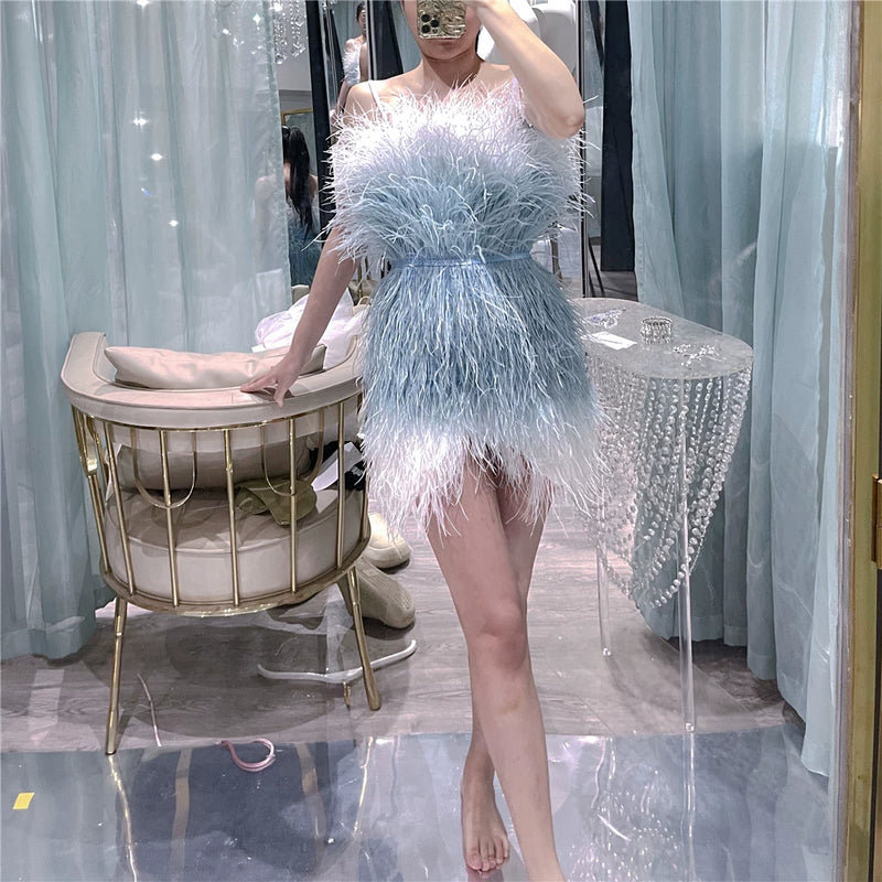 Thousand gold sense of design white swan birthday party heavy industry feather ostrich feather accessible luxury evening dress dress