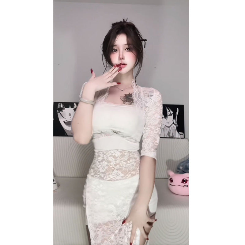 Spicy girl sexy low cut V-neck lace patchwork slit mid length long skirt with half sleeves, translucent temperament base, tea break dress