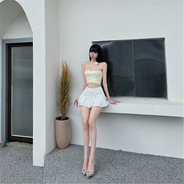 Pure desire mesh sling strap vest women's inner cover age-reducing sexy one-word shoulder tube top short three-dimensional flower top