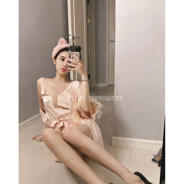 French niche design lady gentle and sexy suspender nightdress set satin temperament feather nightgown loungewear women