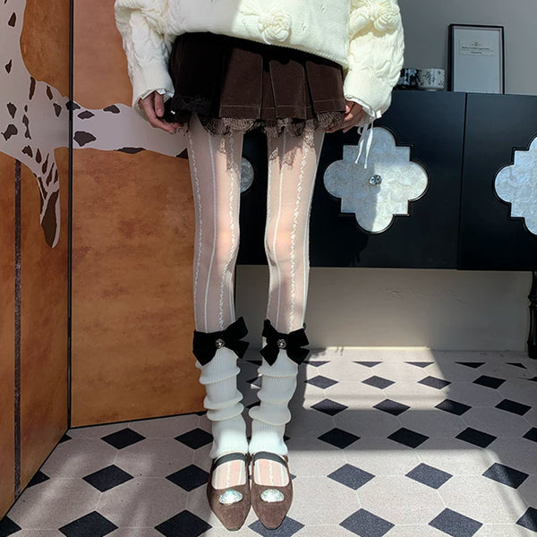 Paris Art Museum Grade Murray Knitted White Bow Stacked Socks Cover Winter Stacked Milk White Romper Female DF