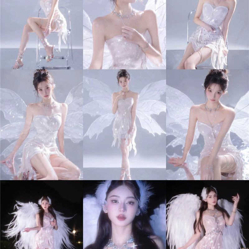 The skin is as cold as ice and the bones are as clear as a river |   Handmade custom sparkling irregular strapless gown with fairy wings