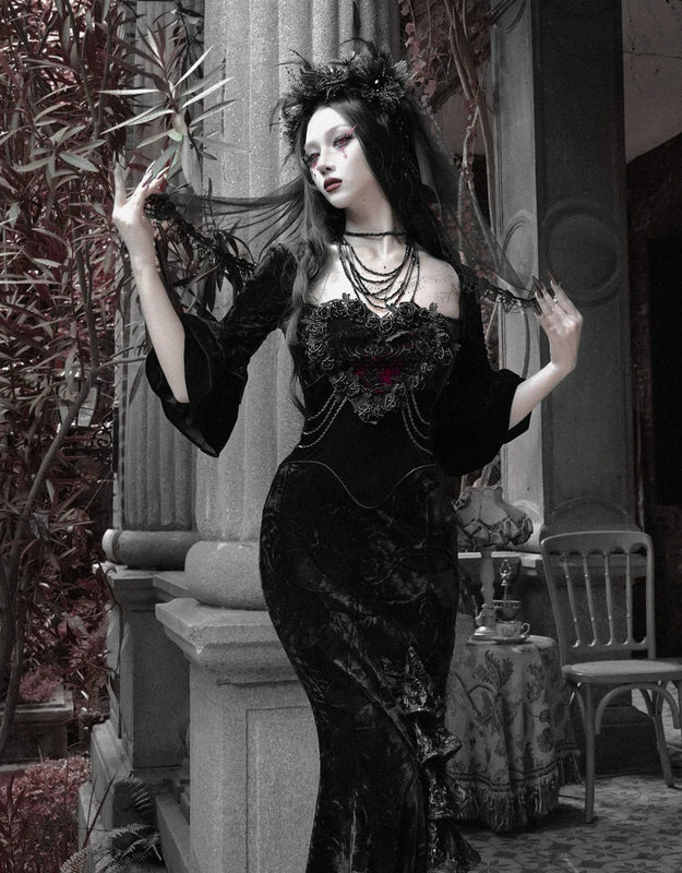 Gothic velvet bandeau dress mermaid skirt halloween retro maxi dress