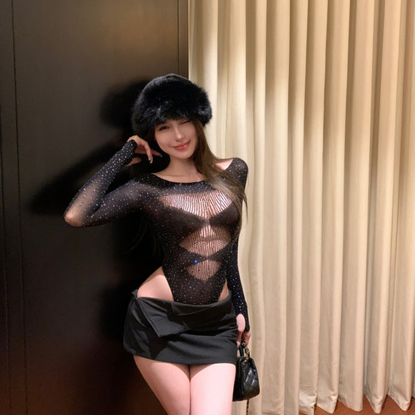 Spicy girl sexy hot stamping diamond elastic hollow jumpsuit autumn and winter printed sparkling diamond long sleeved T-shirt black perspective