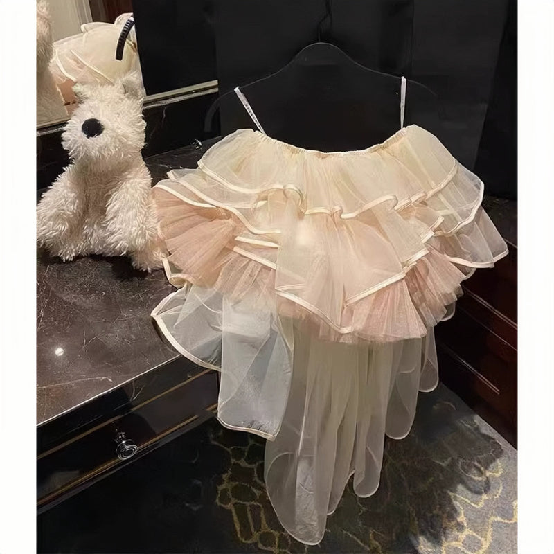 Sweet three-dimensional flower tube top suspender top irregular trailing tutu skirt mesh cake skirt birthday dress