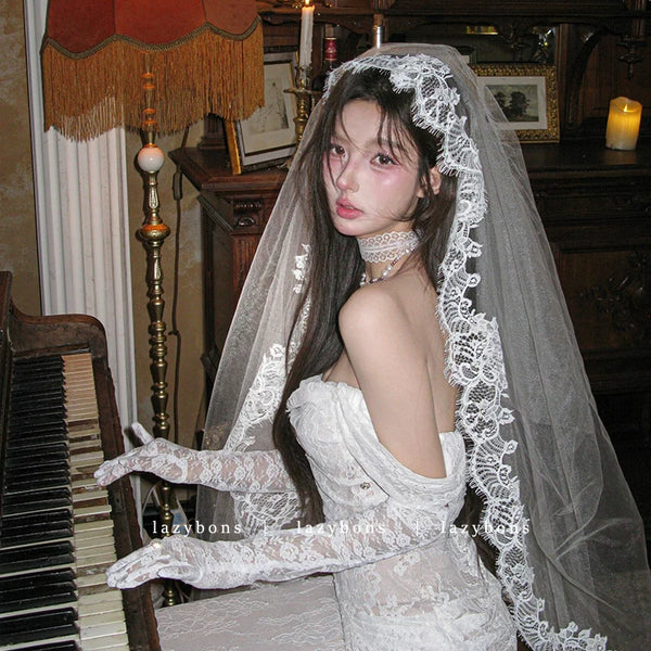 One-word shoulder dress femininity socialite birthday party light wedding dress fishbone waist lace hip-wrapped dress