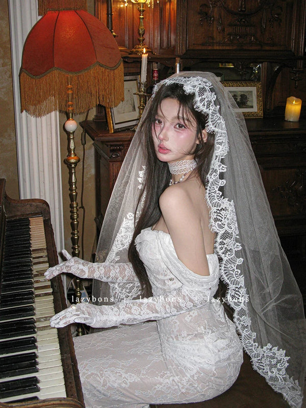 One-word shoulder dress femininity socialite birthday party light wedding dress fishbone waist lace hip-wrapped dress