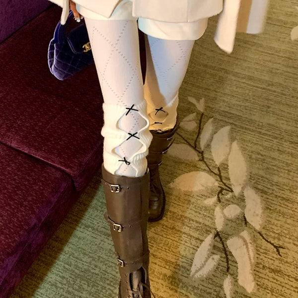 Fashion niche, white autumn and winter bow stacked socks women's knitted wool ballet open stacked calf cover