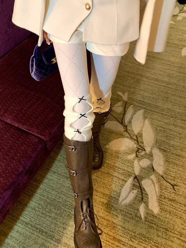 Fashion niche, white autumn and winter bow stacked socks women's knitted wool ballet open stacked calf cover