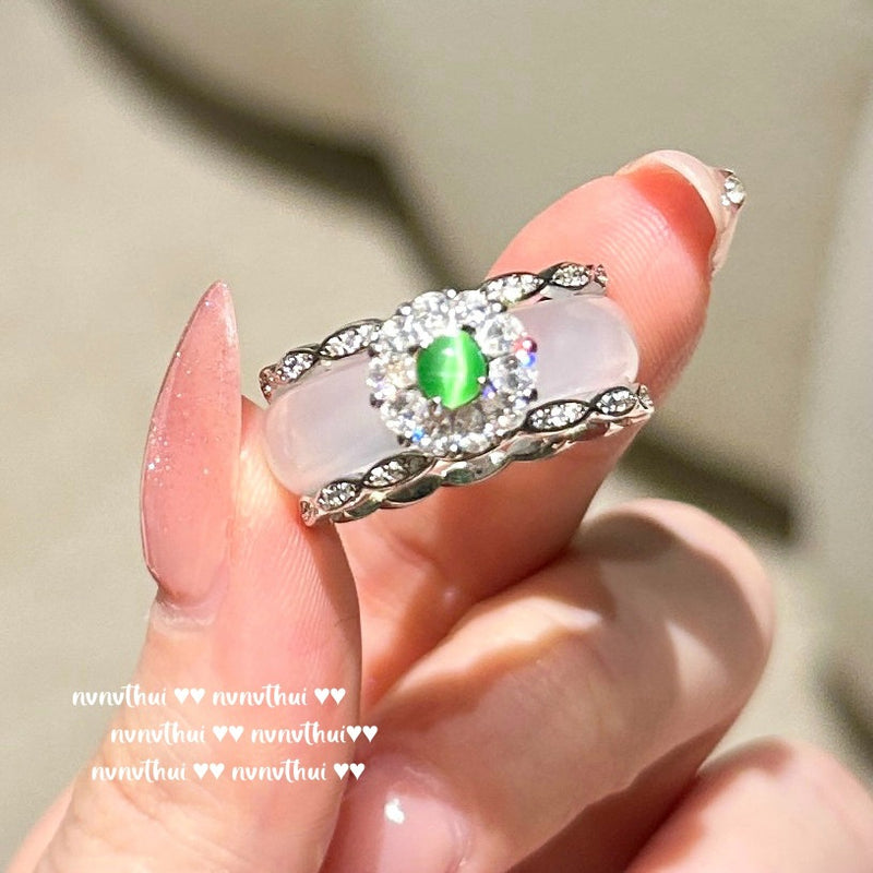 White Moonlight Litchi Frozen Jade Gemstone Bracelet Water Spirit Water Spirit White Jade Gemstone Agate Flower Ring New Chinese Style