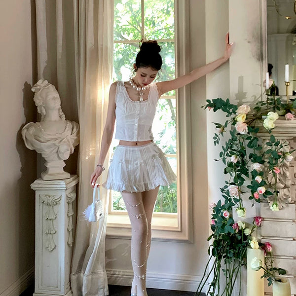 Fashion niche thin cut pearl necklace Japanese jk white pantyhose women's milk white stockings