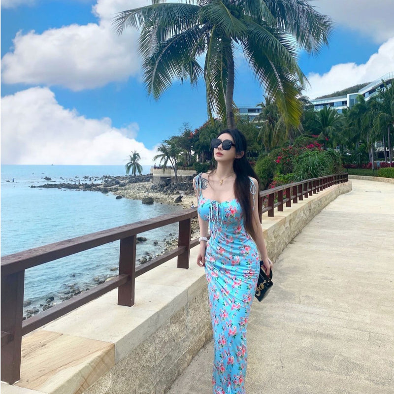 Pure desire girl sweet vacation neck suspender long dress floral color age reduction Spice girl cut men fashion dress summer