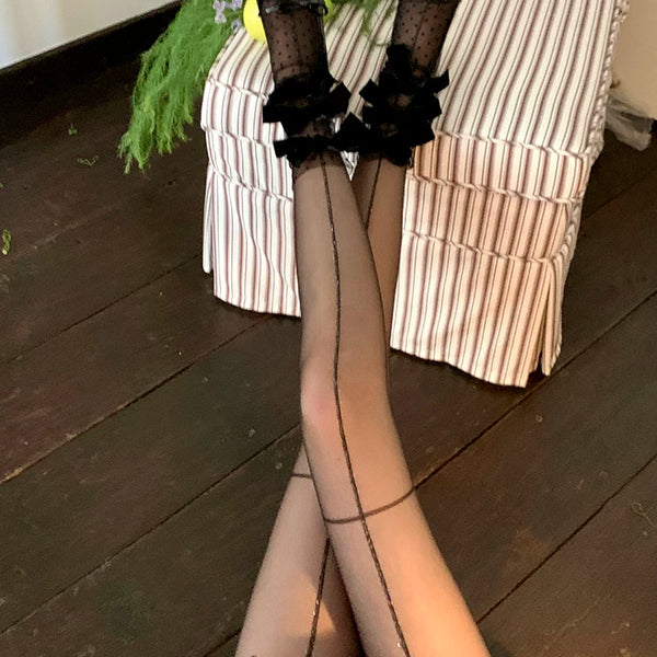 Fashion niche royal sister long legs vertical line stockings shrimp line black silk cross sexy pantyhose women's thin