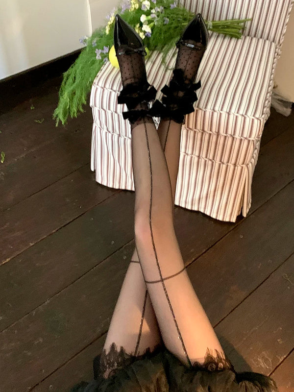 Fashion niche royal sister long legs vertical line stockings shrimp line black silk cross sexy pantyhose women's thin