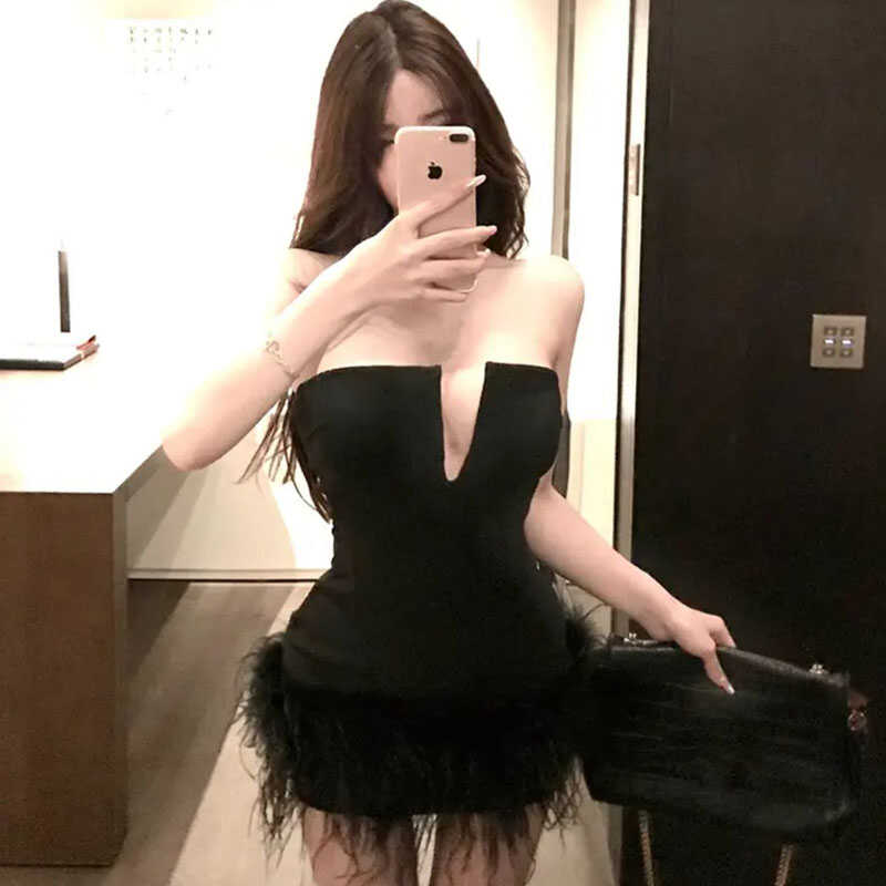 Sexy Spice Girl Black Feather Suspender Dress Summer New Party Pure Desire Wind Slim Skinny Buttocks Short Skirt