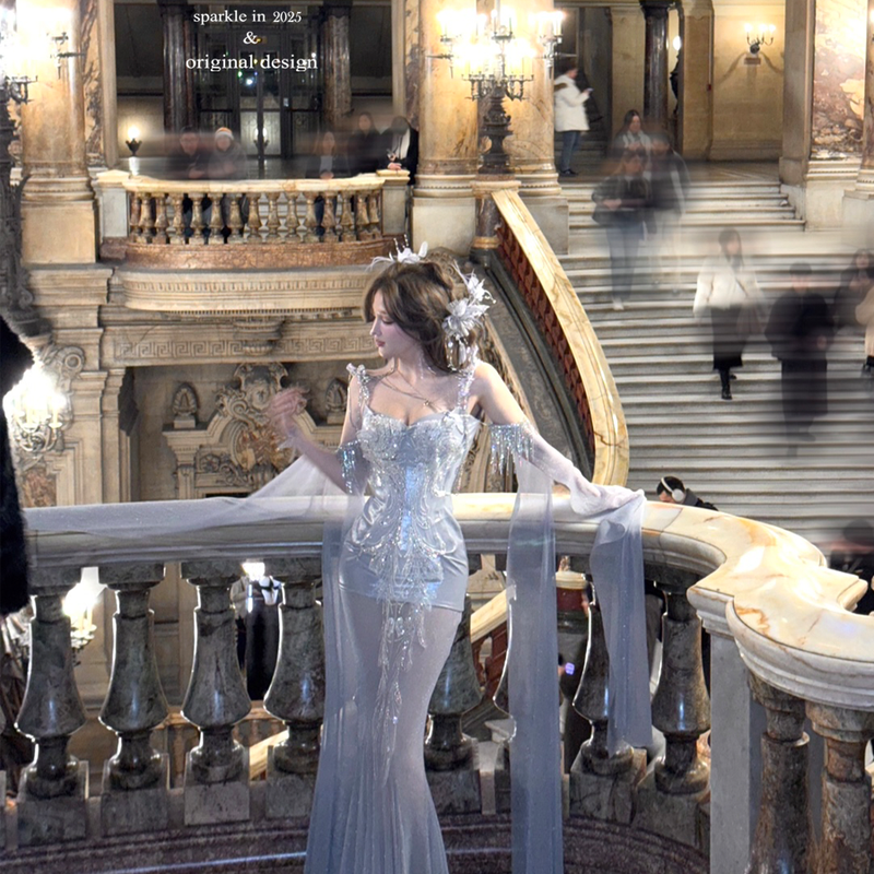 Silver slimming sexy dress full diamond split goddess maxi dress