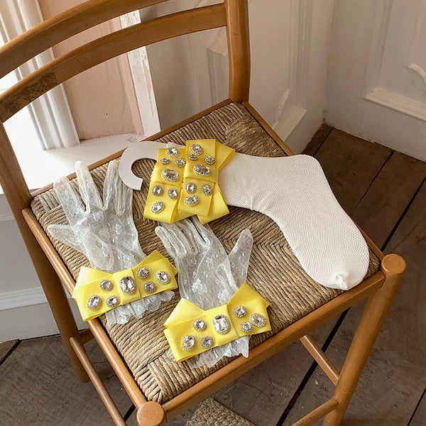 Fashion niche spring and summer court gorgeous texture glossy ribbon inlaid gemstone lace mesh jewelry gloves