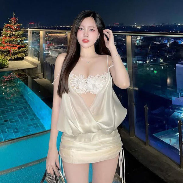 Sexy spicy girl French lace camisole off shoulder satin dress birthday party dress niche dress