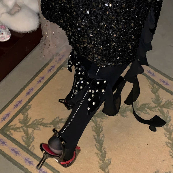 Fashion Niche Vertical Rhinestone Velvet Bow Pressure Skinny Pantyhose Skinny Warm Pantyhose Women