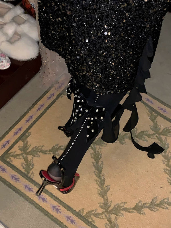 Fashion Niche Vertical Rhinestone Velvet Bow Pressure Skinny Pantyhose Skinny Warm Pantyhose Women