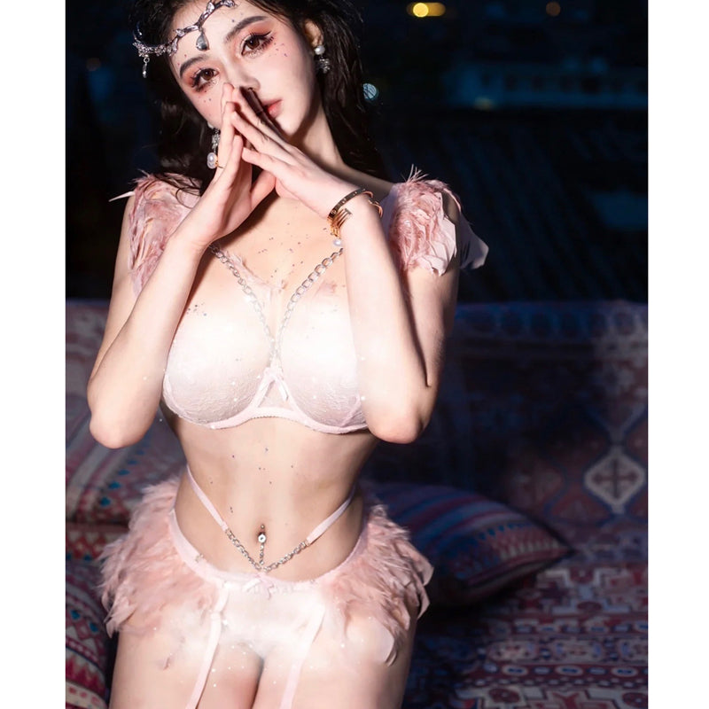 Spicy girl sexy sweet and spicy pure desire milk fufu gathering feather bra set niche design high-end lingerie leg ring