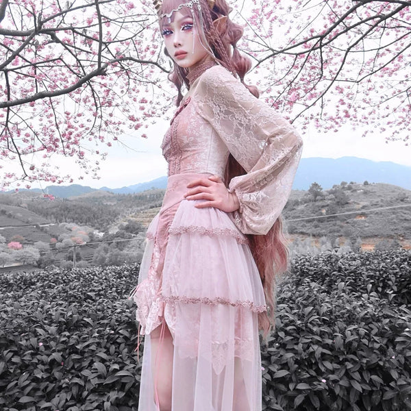 Original ◆ Sakura nightmare romantic gothic design embossed lotus root pink embroidered court half length skirt