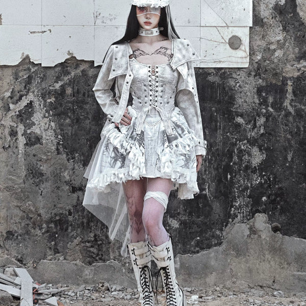Insane asylum distressed suede subculture punk tail printing suspender skirt christmas suit