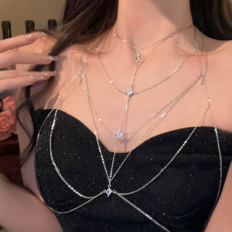 Pure Desire Wind Sterling Silver Necklace Chest Chain Female Summer Tide Cool Spice Girl Sweet Cool Body Chain Full Body Sexy Bikini Back Chain