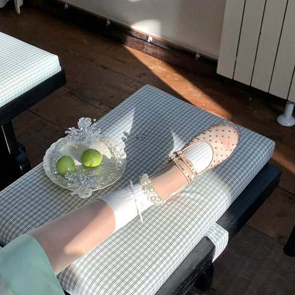 Fashion niche mid-tube socks hand-sewn heavy industry pearl hollow ins wind Japanese vertical strip cotton socks calf socks jk