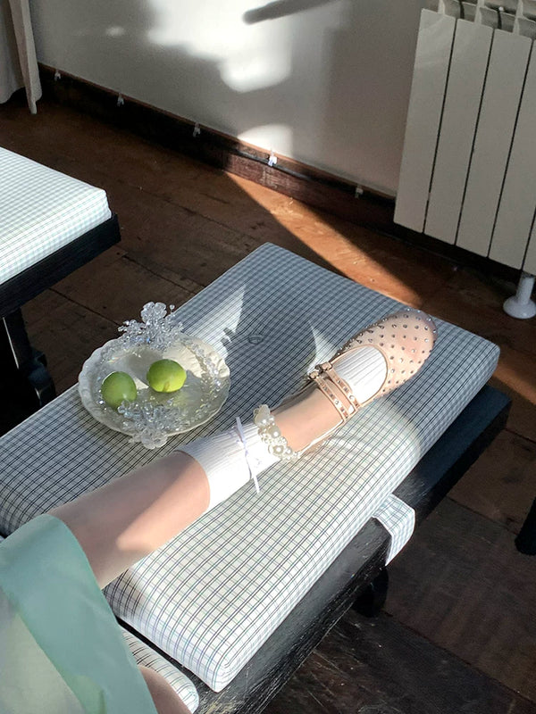 Fashion niche mid-tube socks hand-sewn heavy industry pearl hollow ins wind Japanese vertical strip cotton socks calf socks jk