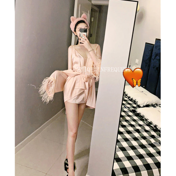 French niche design lady gentle and sexy suspender nightdress set satin temperament feather nightgown loungewear women