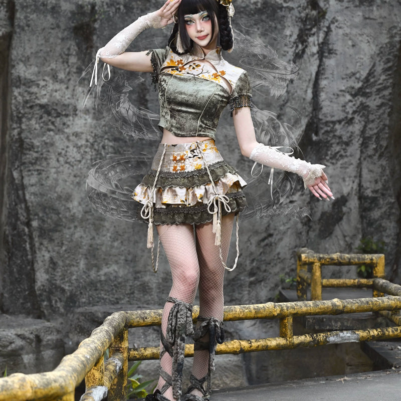 New chinoiserie jacquard snake print slimming tassel short sleeve cheongsam tops christmas halloween