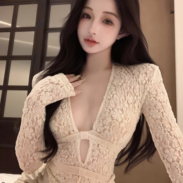 Sexy Spice Girl Beige V-Neck Lace T-Shirt Women's Spring New Slim-Fit Waist Skinny Bottom Shirt with Top