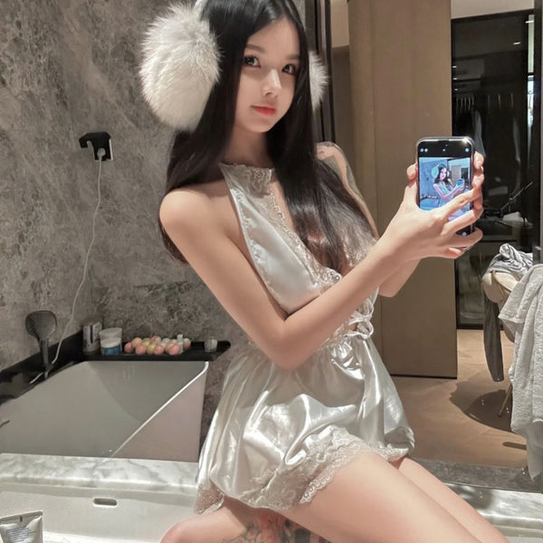 Pure desire hollow lace nightdress sexy big backless home V-neck nightdress