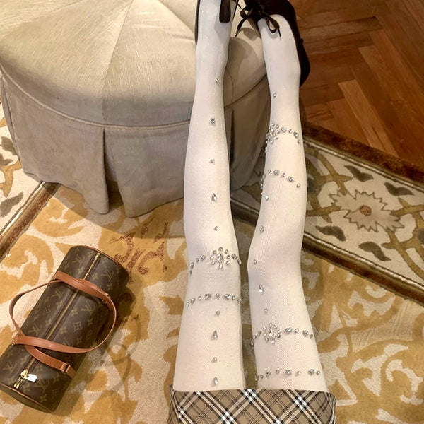 Fashion niche design heavy industry rhinestone Japanese jk white pantyhose black bright silk leggings