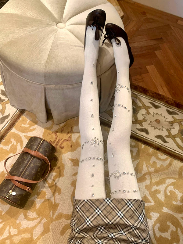 Fashion niche design heavy industry rhinestone Japanese jk white pantyhose black bright silk leggings